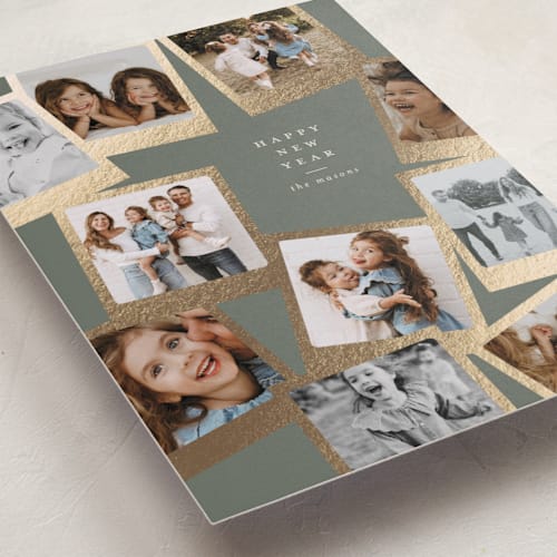 This is a sage foil pressed holiday cards with foil pressed by Lori Wemple called snapshots printing on recycled smooth signature in standard