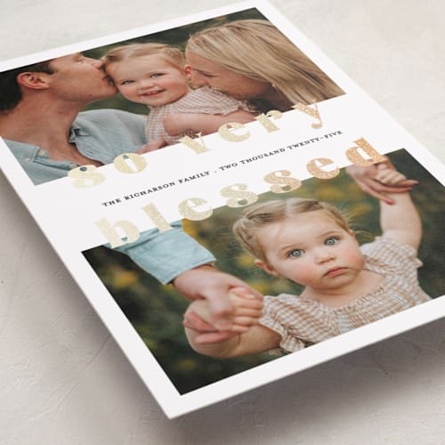 This is a snow foil pressed holiday cards with foil pressed by Devika Keskar called so very blessed printing on recycled smooth signature in standard