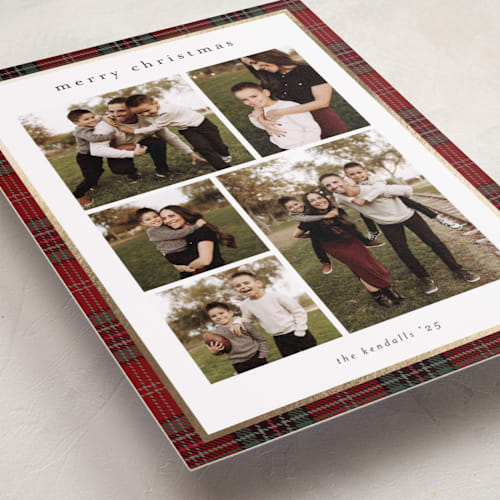 This is a berry foil pressed holiday cards with foil pressed by Stacey Meacham called plaid collage printing on recycled smooth signature in standard