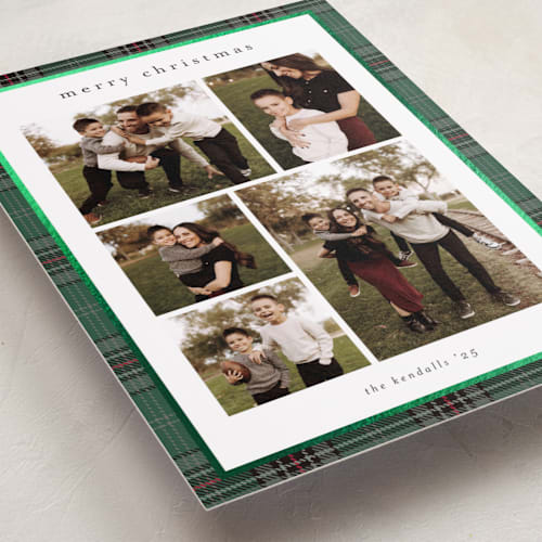 This is a pine foil pressed holiday cards with foil pressed by Stacey Meacham called plaid collage printing on recycled smooth signature in standard