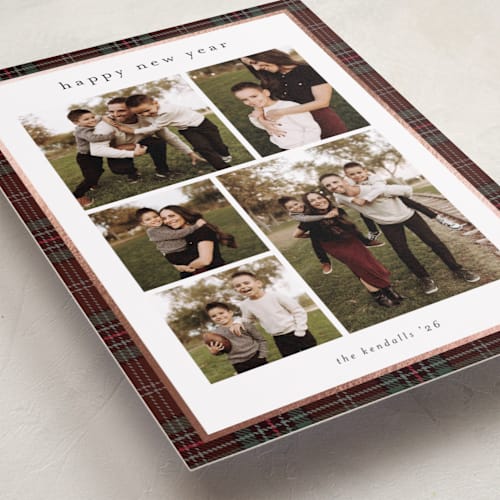 This is a burgundy foil pressed holiday cards with foil pressed by Stacey Meacham called plaid collage printing on recycled smooth signature in standard