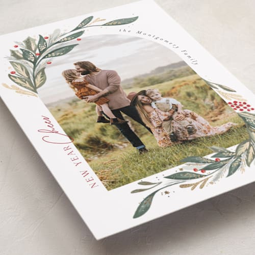 This is a snow foil pressed holiday cards with foil pressed by Joanna Griffin called winter foliage printing on recycled smooth signature in standard