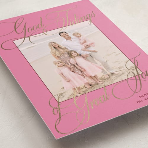 This is a gumdrop foil pressed holiday cards with foil pressed by Megan Davis called praline printing on recycled smooth signature in standard