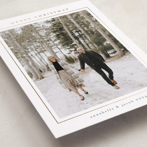 This is a snow foil pressed holiday cards with foil pressed by Nicole Walsh called minimalist frame printing on recycled smooth signature in standard