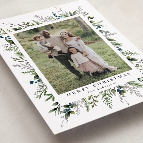 This is a winter berry foil pressed holiday cards with foil pressed by Susan Moyal called classic greenery printing on recycled smooth signature in standard