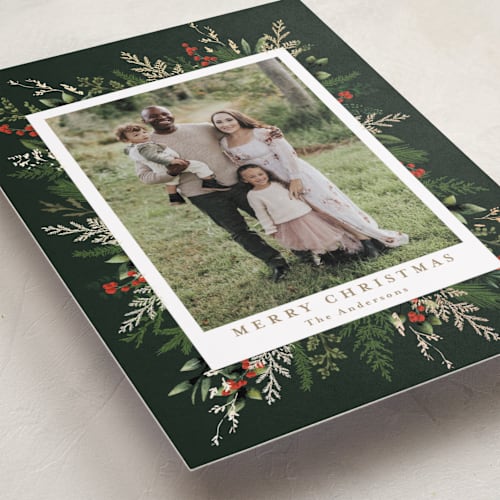This is a holly berry foil pressed holiday cards with foil pressed by Susan Moyal called classic greenery printing on recycled smooth signature in standard