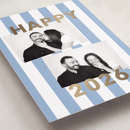 This is a periwinkle foil pressed holiday cards with foil pressed by Angela Thompson called bold stripe printing on recycled smooth signature in standard