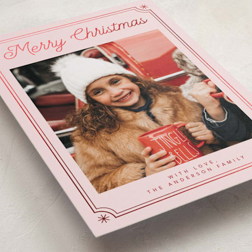 This is a winter rose foil pressed holiday cards with foil pressed by Cass Loh called ticket frame printing on recycled smooth signature in standard