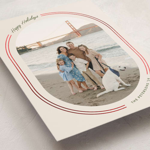 This is a evergreen foil pressed holiday cards with foil pressed by Darby McGuire called candy stripe printing on recycled smooth signature in standard