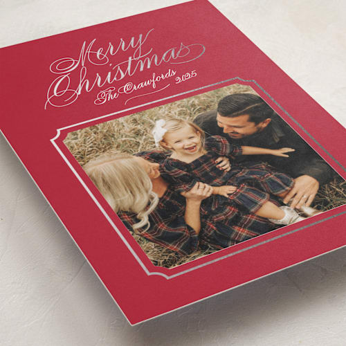 This is a ruby foil pressed holiday cards with foil pressed by Alston Foster called silver bells printing on recycled smooth signature in standard