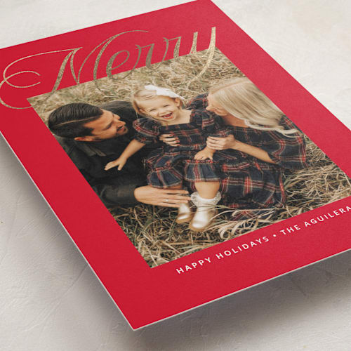 This is a reindeer nose foil pressed holiday cards with foil pressed by Susan Asbill called merry overlay printing on recycled smooth signature in standard