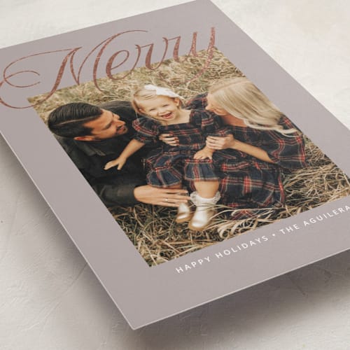 This is a stone foil pressed holiday cards with foil pressed by Susan Asbill called merry overlay printing on recycled smooth signature in standard