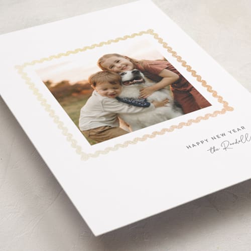 This is a snow foil pressed holiday cards with foil pressed by mo kelley called rick rack frame printing on recycled smooth signature in standard