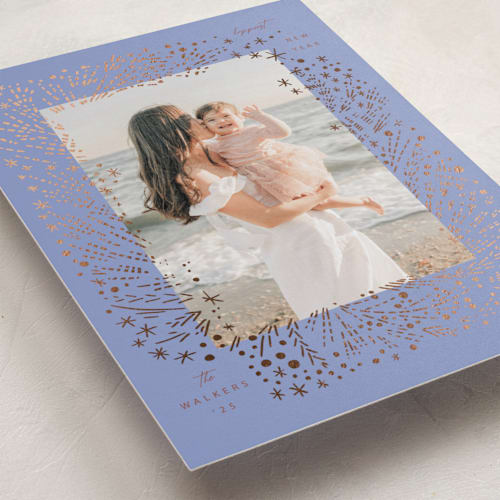 This is a periwinkle foil pressed holiday cards with foil pressed by Hannah Williams called fireworks frame printing on recycled smooth signature in standard