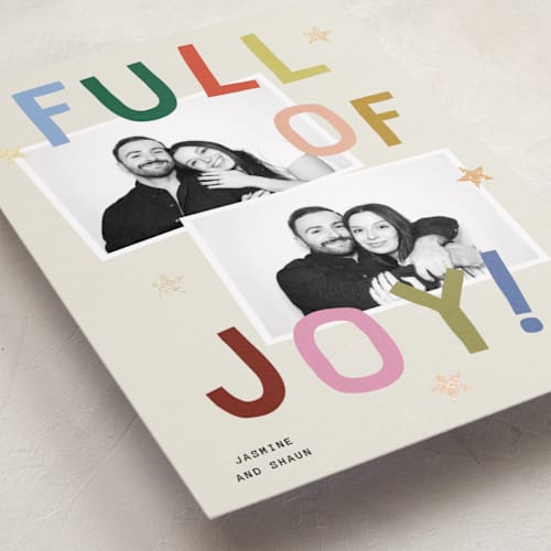 This is a jubilant foil pressed holiday cards with foil pressed by Kercia Jane called full of joy (& cheer) printing on recycled smooth signature in standard
