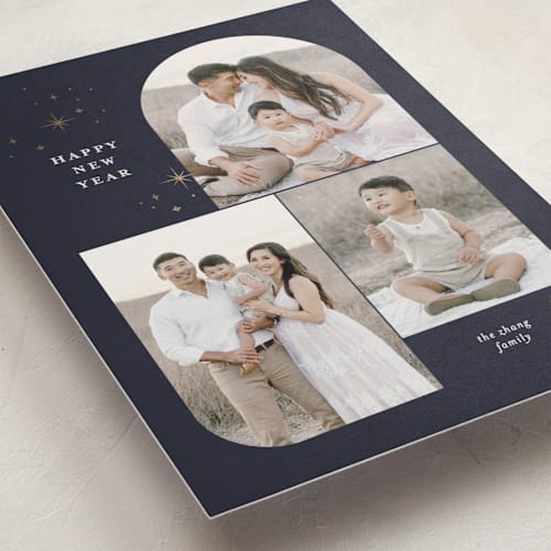 This is a midnight foil pressed holiday cards with foil pressed by Pixel and Hank called joy trio printing on recycled smooth signature in standard