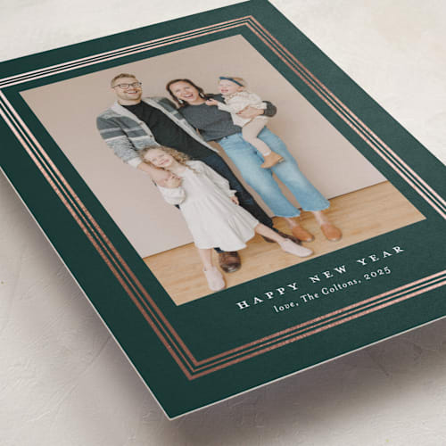 This is a pine foil pressed holiday cards with foil pressed by Stacey Meacham called ever classic printing on recycled smooth signature in standard