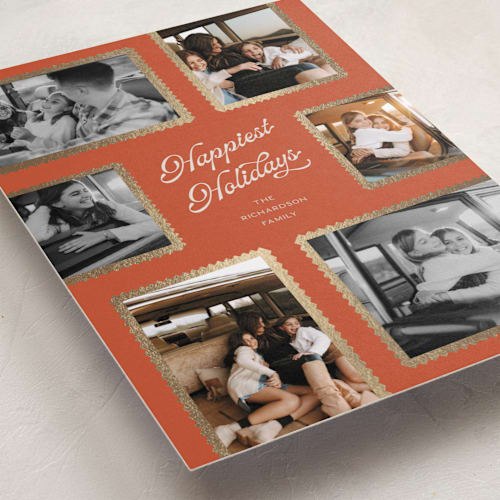 This is a cardinal foil pressed holiday cards with foil pressed by Pixel and Hank called patchwork printing on recycled smooth signature in standard