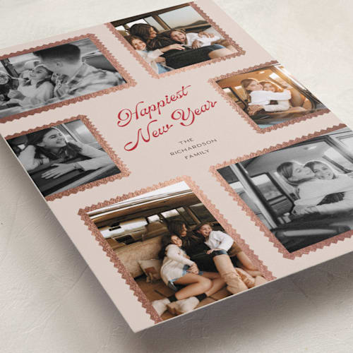 This is a chardonnay foil pressed holiday cards with foil pressed by Pixel and Hank called patchwork printing on recycled smooth signature in standard