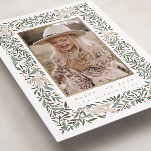 This is a dove foil pressed holiday cards with foil pressed by Leah Bisch called dove of peace printing on recycled smooth signature in standard