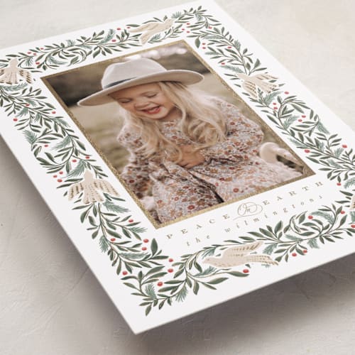 This is a dove foil pressed holiday cards with foil pressed by Leah Bisch called dove of peace printing on recycled smooth signature in standard