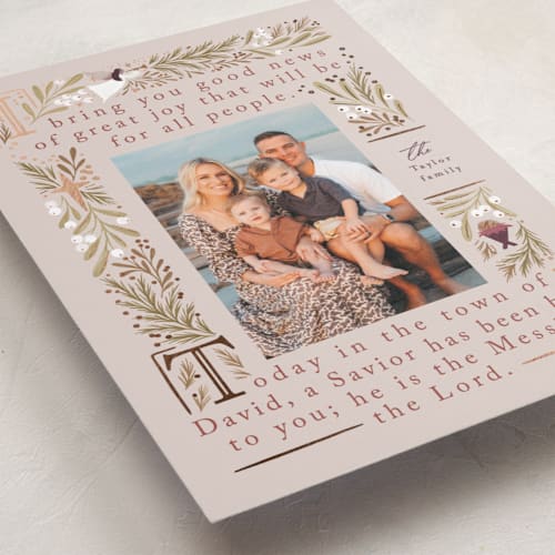 This is a peony foil pressed holiday cards with foil pressed by Alethea and Ruth called bible story printing on recycled smooth signature in standard