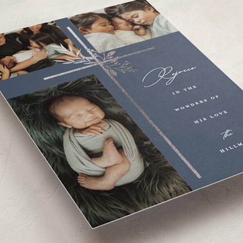 This is a midnight foil pressed holiday cards with foil pressed by Susan Zinader called leaves & berries printing on recycled smooth signature in standard