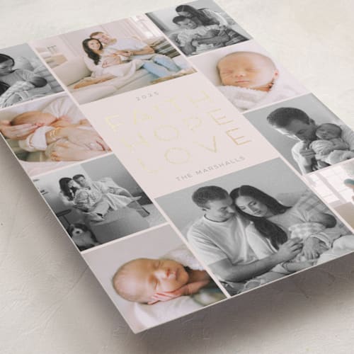 This is a champagne foil pressed holiday cards with foil pressed by Ani Somi called merrier and more printing on recycled smooth signature in standard