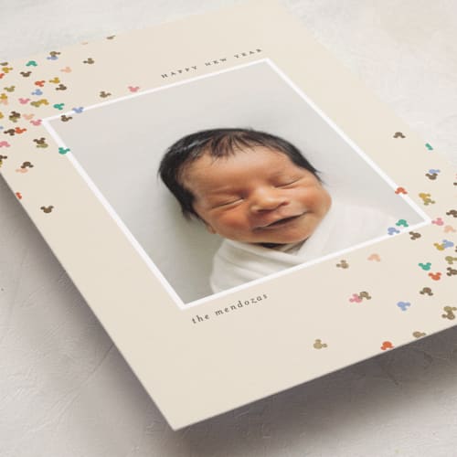 This is a candy foil pressed holiday cards with foil pressed by Ellen Schlegelmilch called mickey confetti corners printing on recycled smooth signature in standard