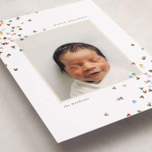 This is a snow foil pressed holiday cards with foil pressed by Ellen Schlegelmilch called mickey confetti corners printing on recycled smooth signature in standard