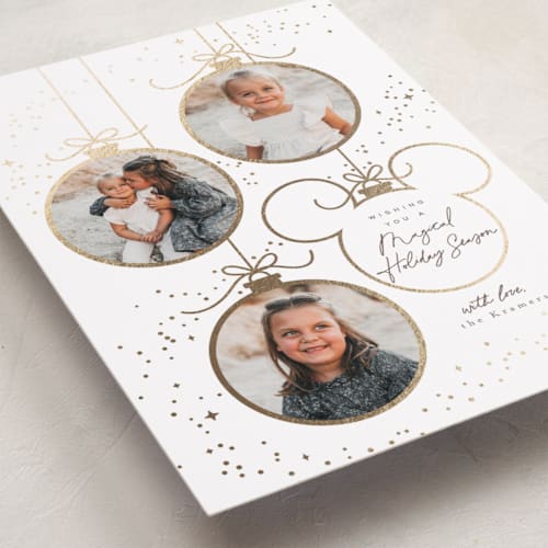 This is a snow foil pressed holiday cards with foil pressed by Everett Paper Goods called baubles printing on recycled smooth signature in standard