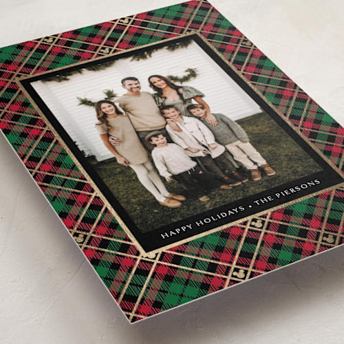 This is a holiday flannel foil pressed holiday cards with foil pressed by Erin Deegan called disney tartan plaid printing on recycled smooth signature in standard