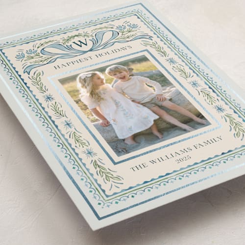 This is a blue jay foil pressed holiday cards with foil pressed by Paper Sun Studio called christmas gift printing on recycled smooth signature in standard