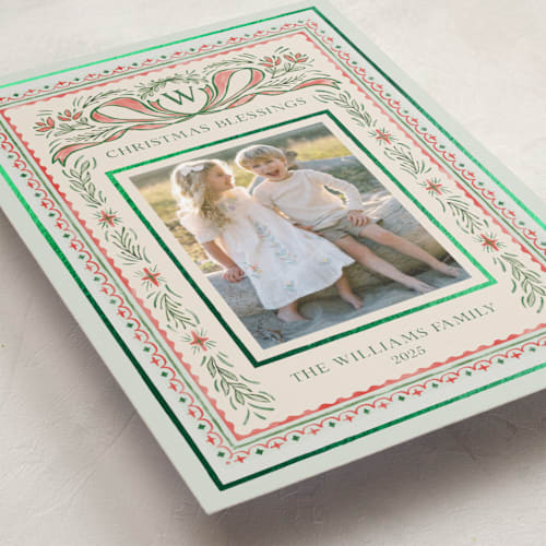 This is a pine foil pressed holiday cards with foil pressed by Paper Sun Studio called christmas gift printing on recycled smooth signature in standard