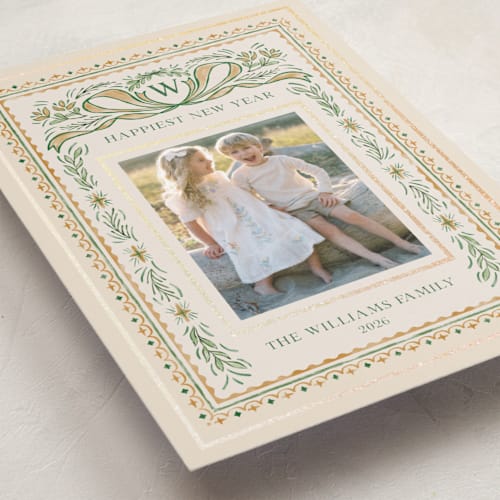 This is a taffy foil pressed holiday cards with foil pressed by Paper Sun Studio called christmas gift printing on recycled smooth signature in standard