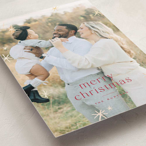 This is a cranberry foil pressed holiday cards with foil pressed by Wildfield Paper Co called twinkle! printing on recycled smooth signature in standard