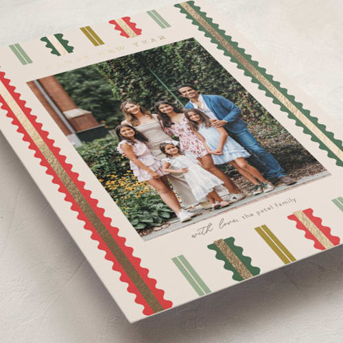 This is a fruitcake foil pressed holiday cards with foil pressed by Pixel and Hank called swiggle printing on recycled smooth signature in standard