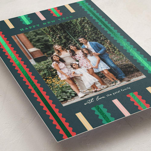 This is a confetti foil pressed holiday cards with foil pressed by Pixel and Hank called swiggle printing on recycled smooth signature in standard
