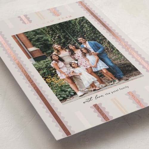 This is a tinsel foil pressed holiday cards with foil pressed by Pixel and Hank called swiggle printing on recycled smooth signature in standard