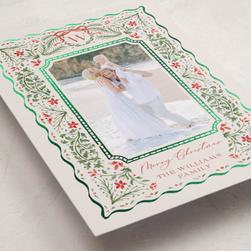 This is a poinsettia foil pressed holiday cards with foil pressed by Paper Sun Studio called vintage christmas printing on recycled smooth signature in standard