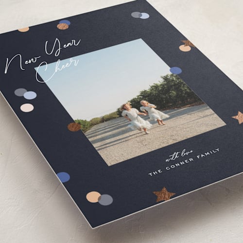 This is a blue jean foil pressed holiday cards with foil pressed by Pixel and Hank called confetti cheers printing on recycled smooth signature in standard