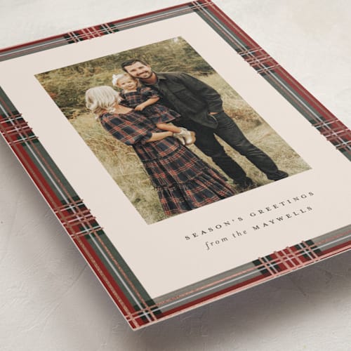 This is a antique foil pressed holiday cards with foil pressed by Olivia Kanaley Inman called highland holiday printing on recycled smooth signature in standard
