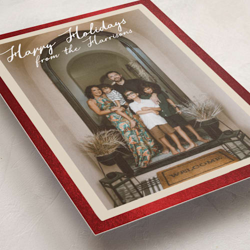 This is a cream foil pressed holiday cards with foil pressed by Maja Cunningham called vintage photo card printing on recycled smooth signature in standard