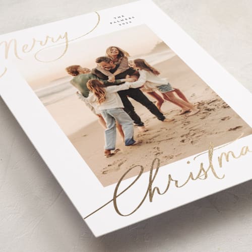 This is a snow foil pressed holiday cards with foil pressed by Everett Paper Goods called evoke printing on recycled smooth signature in standard