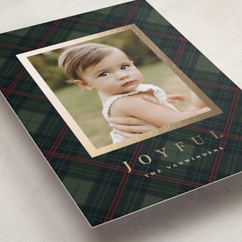 This is a pine foil pressed holiday cards with foil pressed by Olivia Kanaley Inman called balmoral green printing on recycled smooth signature in standard