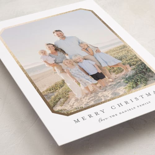 This is a ash foil pressed holiday cards with foil pressed by Carolyn MacLaren called vintage bevel printing on recycled smooth signature in standard