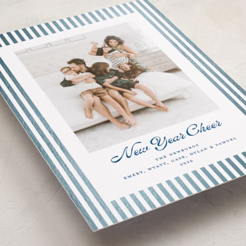 This is a ocean foil pressed holiday cards with foil pressed by Erika Firm called mini cabana stripes printing on recycled smooth signature in standard