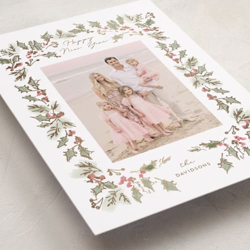 This is a snow foil pressed holiday cards with foil pressed by Rebecca Durflinger called sketched winter botanicals printing on recycled smooth signature in standard