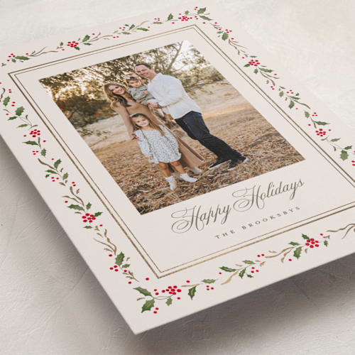 This is a cream foil pressed holiday cards with foil pressed by Erin L. Wilson called hawthorne printing on recycled smooth signature in standard