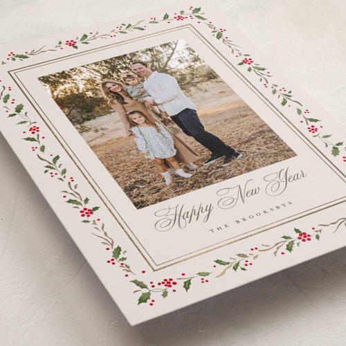This is a cream foil pressed holiday cards with foil pressed by Erin L. Wilson called hawthorne printing on recycled smooth signature in standard